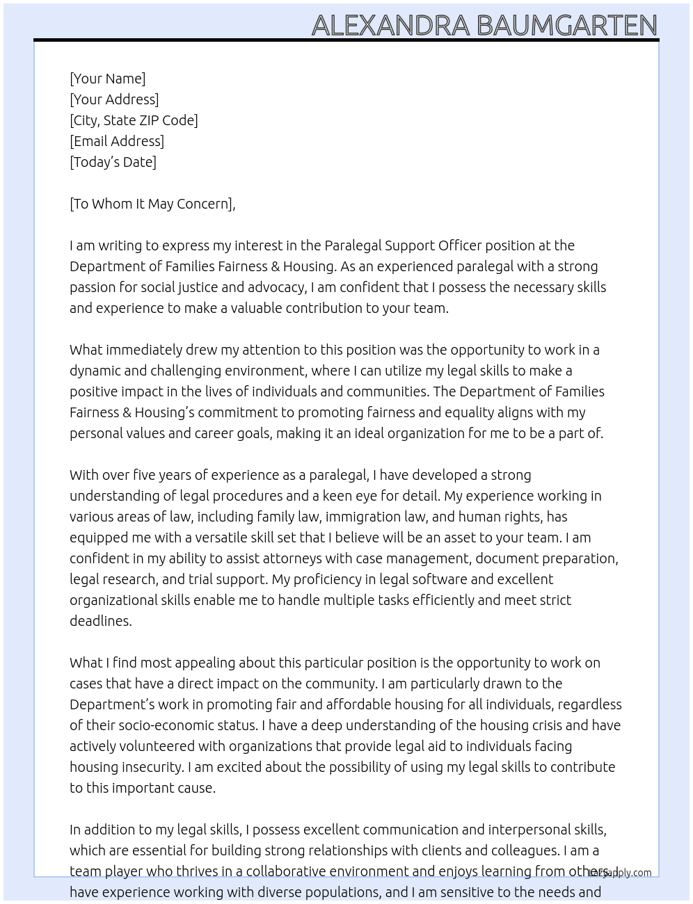paralegal support officer At Department of Families Fairness & Housing Cover Letter