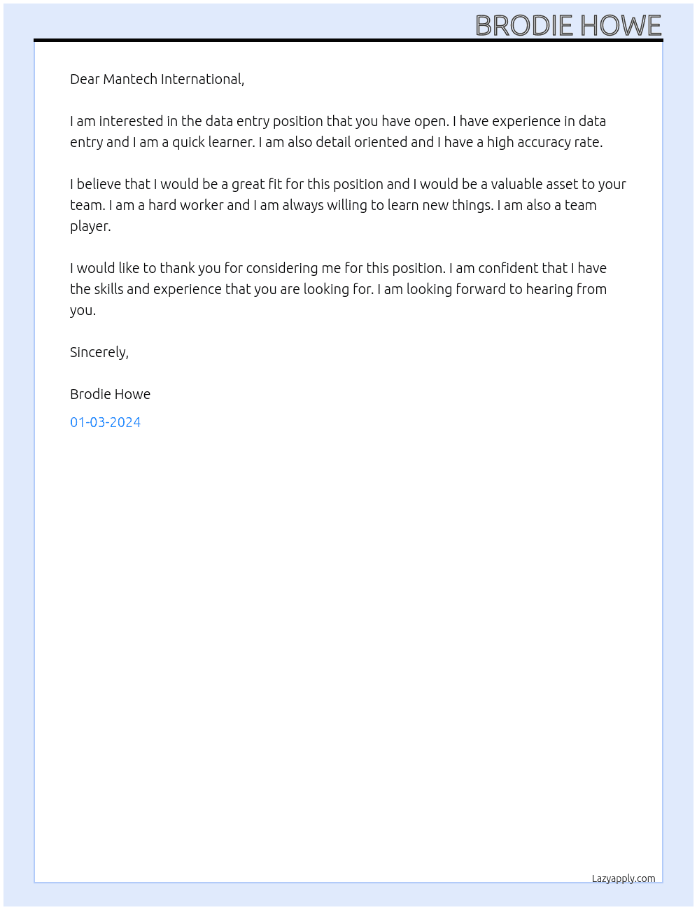 Data Entry At Mantech International Cover Letter