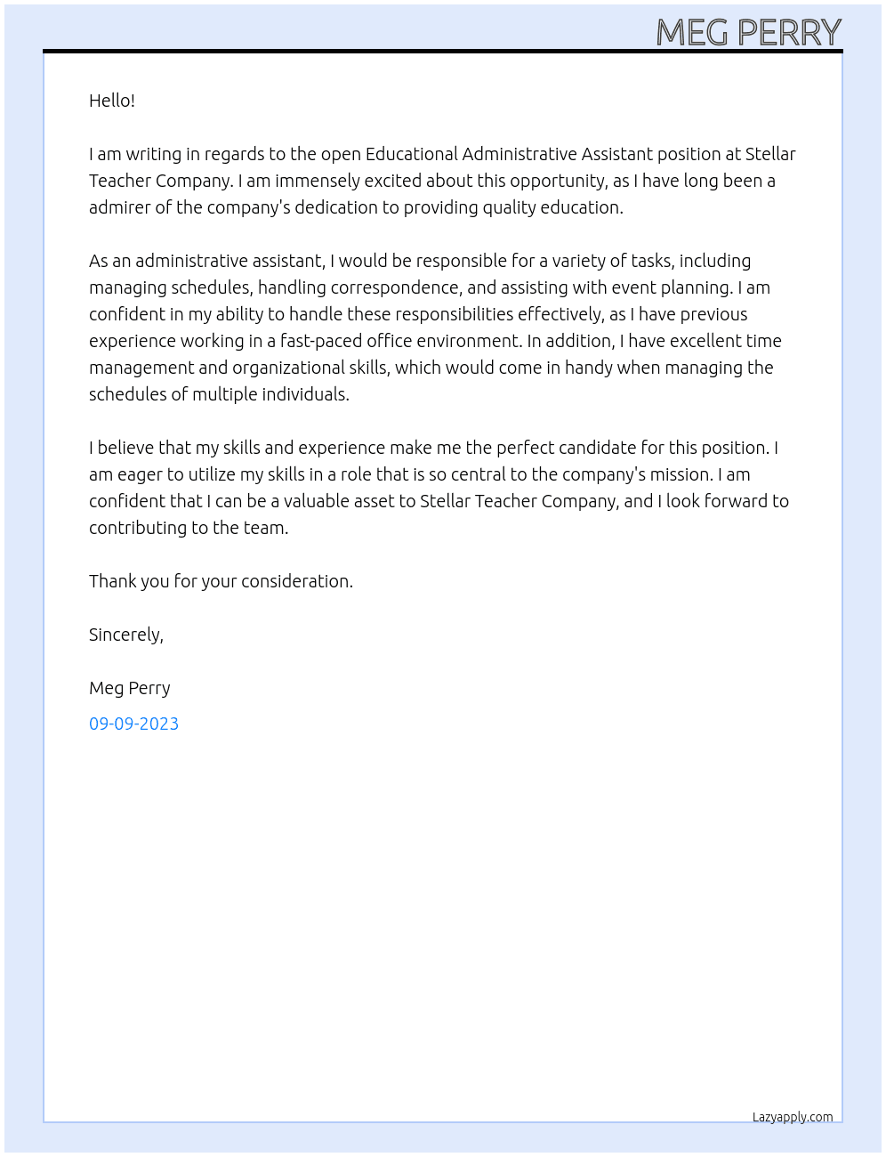 Educational Administrative Assistant  At Stellar Teacher Company  Cover Letter