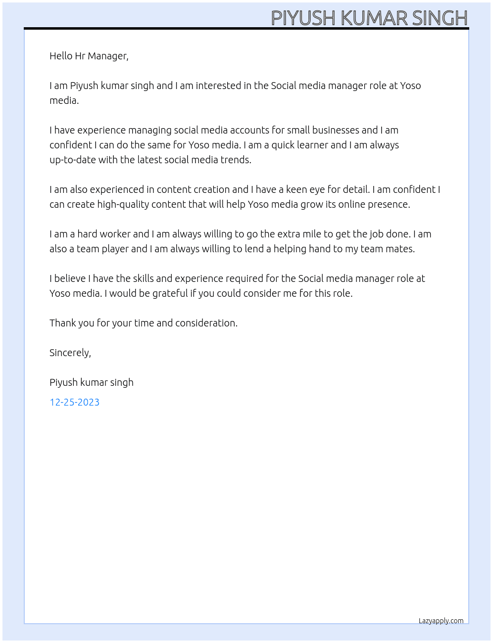 Social media manager  At Yoso media Cover Letter