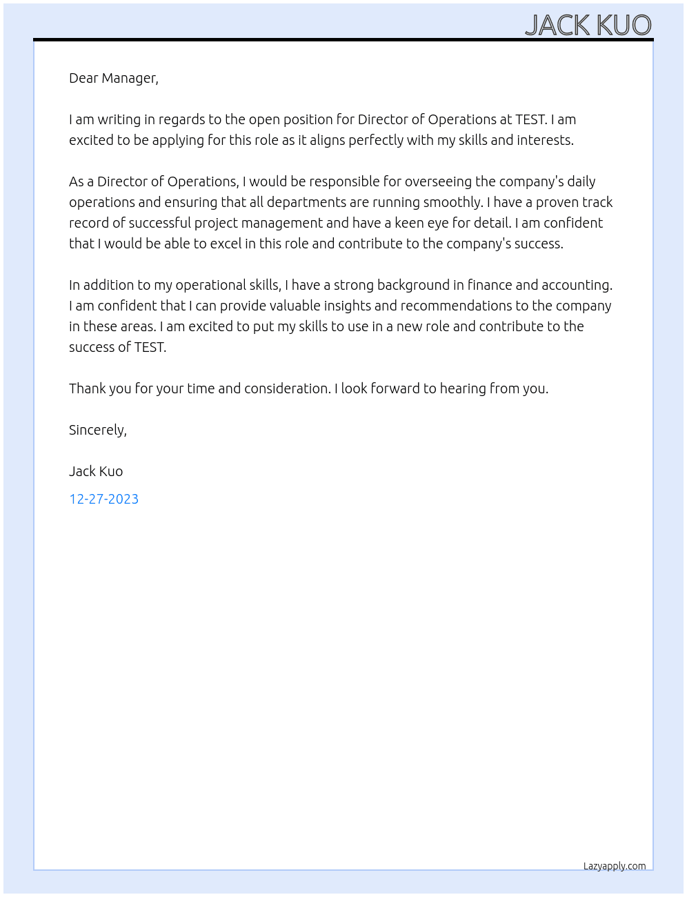 Director of Operations At TEST Cover Letter