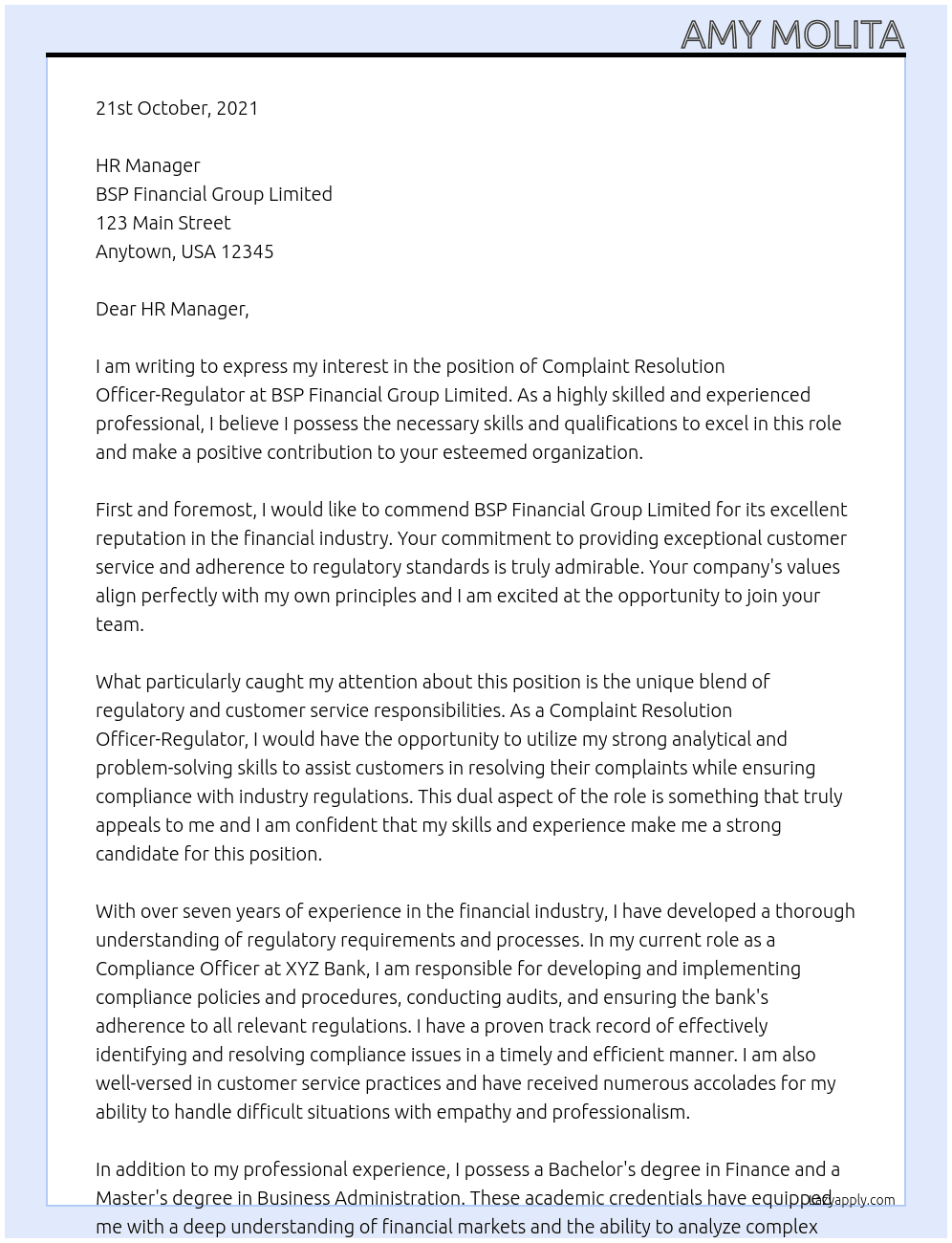 Complaint Resolution Officer- Regulator At BSP Financial Group Limited Cover Letter