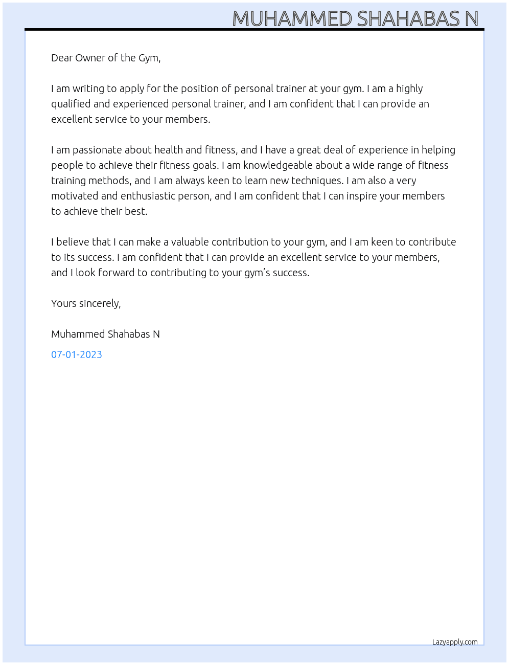 Personal trainer  At Gym Cover Letter
