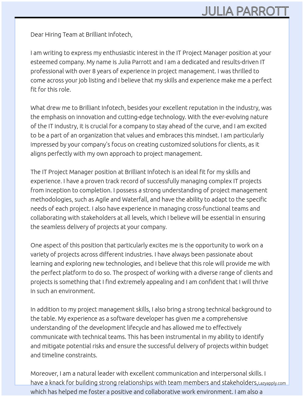 IT Project Manager At Brilliant Infotech Cover Letter