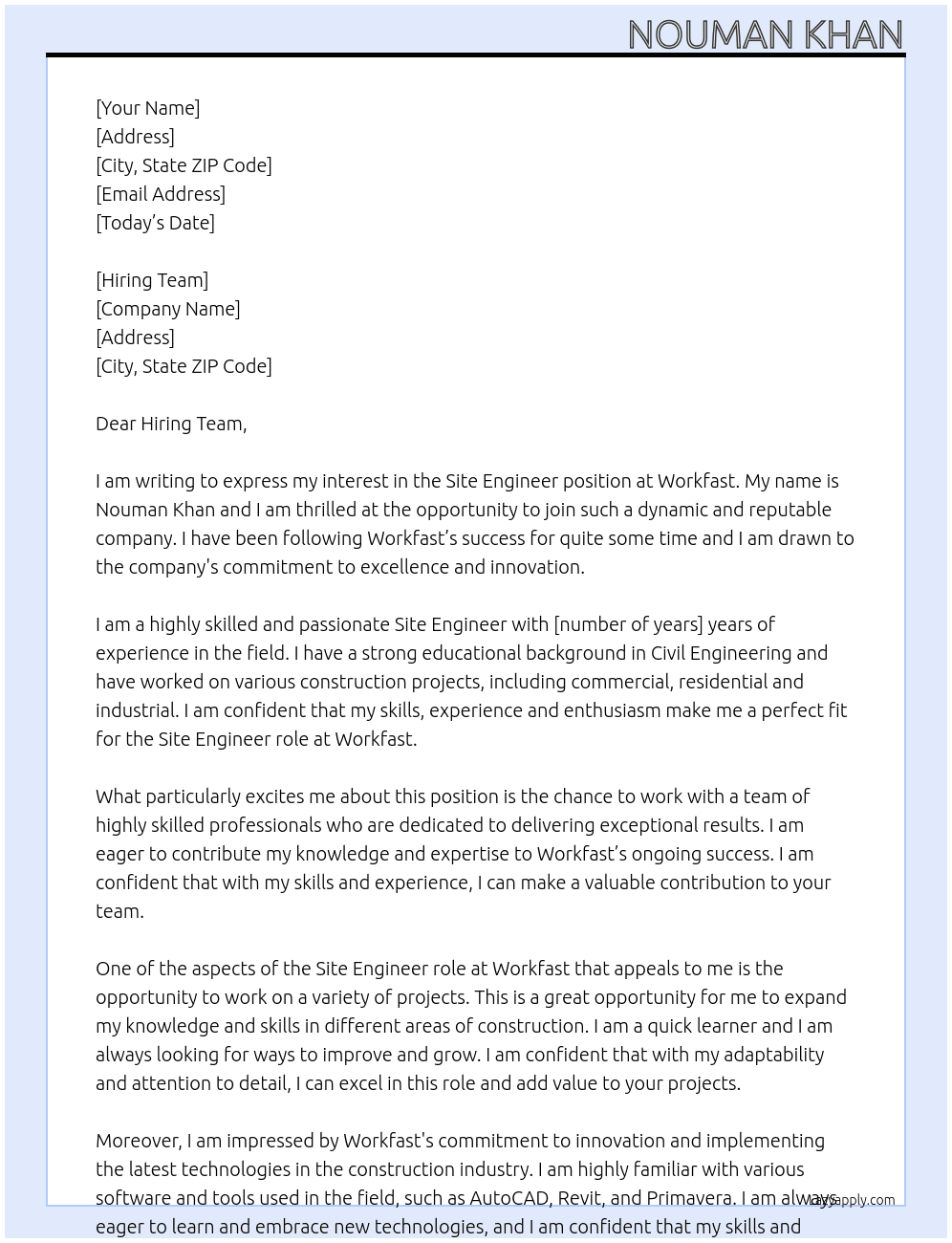 site enginner At workfast Cover Letter