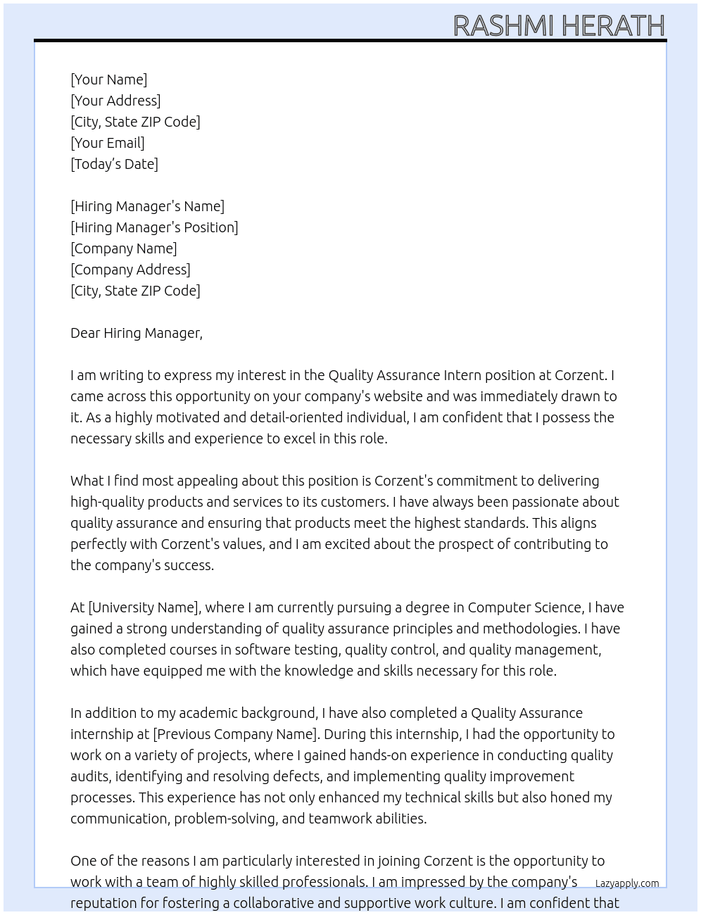Quality Assurance Intern At Corzent Cover Letter