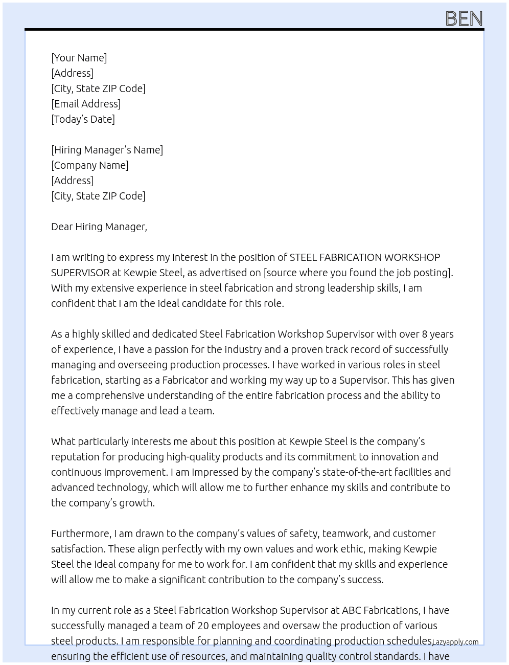 STEEL FABRICATION WORKSHOP SUPERVISOR At Kewpie Steel Cover Letter