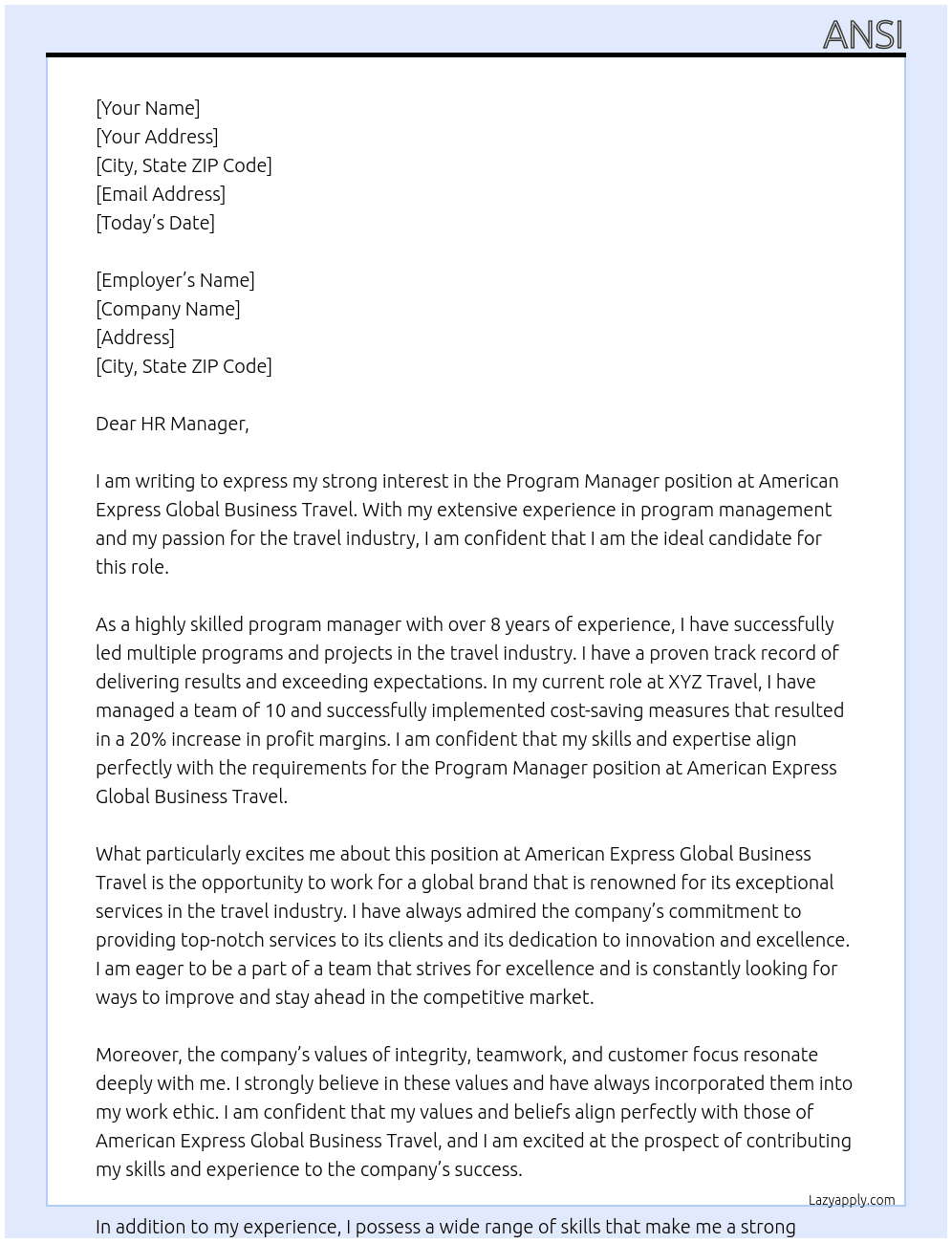 Program Manager At American express global business travel Cover Letter