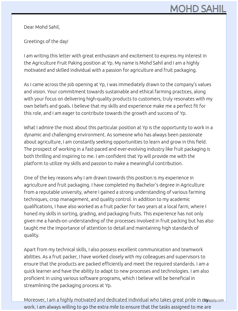 Cover letter for agriculture fruit paking - LazyApply