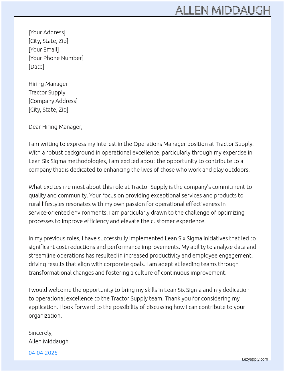 operations manager At Tractor supply Cover Letter