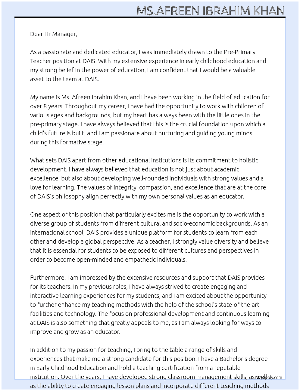 Pre-Primary Teacher At DAIS Cover Letter