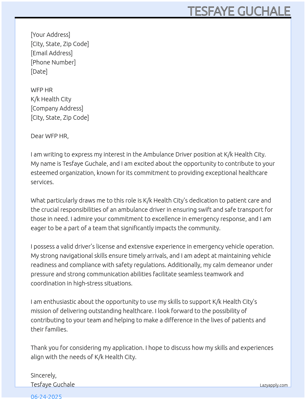 Cover letter for ambulance driver - LazyApply