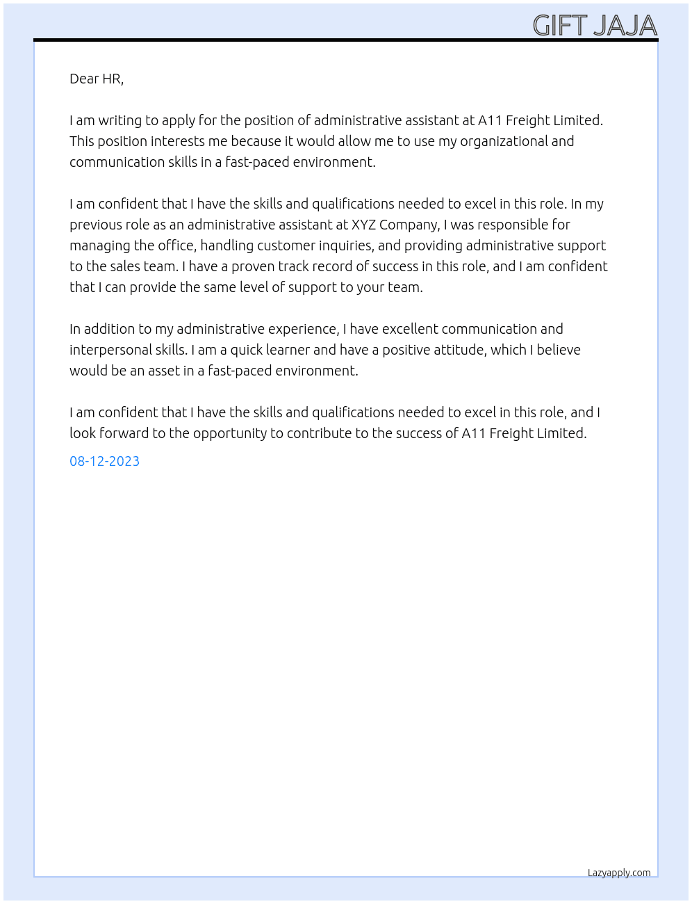 administrative assistant At A11 Freight Limited Cover Letter