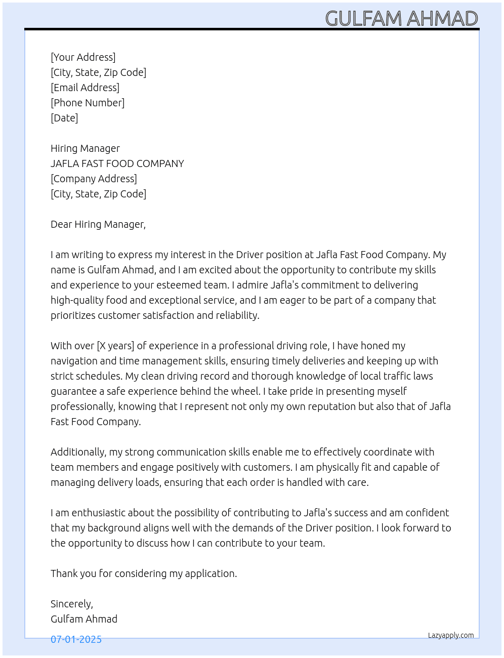 DRIVER At JAFLA FAST FOOD COMPANY Cover Letter