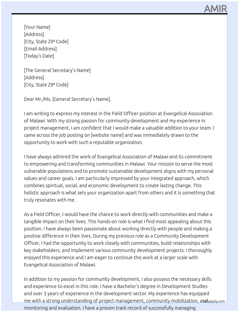 FIELD OFFICER  At Evangelical Association of Malawi Cover Letter