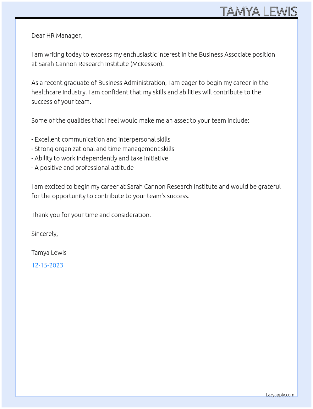 Business Associate  At Sarah Cannon Research Institute (McKesson) Cover Letter