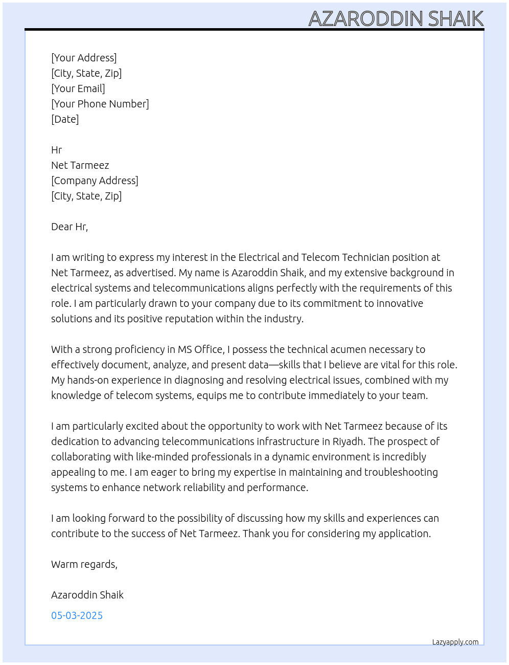 Electrical and telecom technician At Net Tarmeez Cover Letter