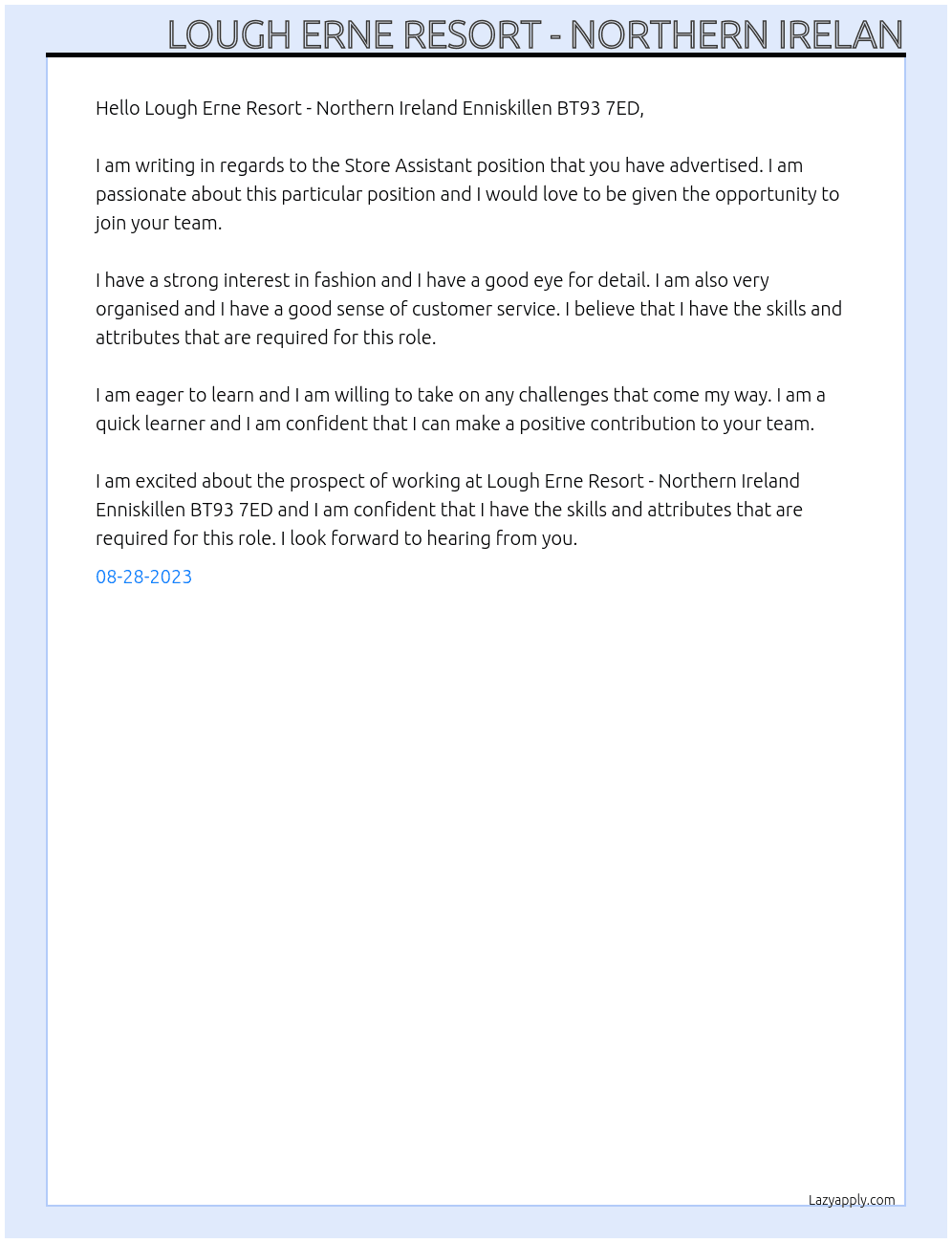 Store Assistant  At Lough Erne Resort - Northern Ireland Enniskillen BT93 7ED Cover Letter