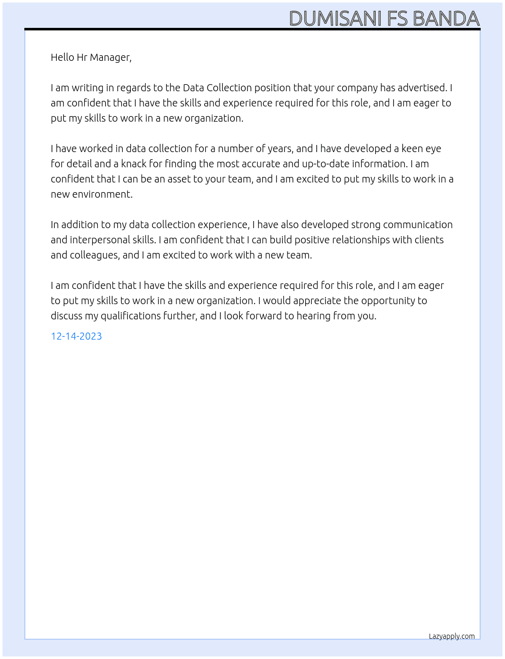 Data Collection  At The Russian True Othodox Church Cover Letter