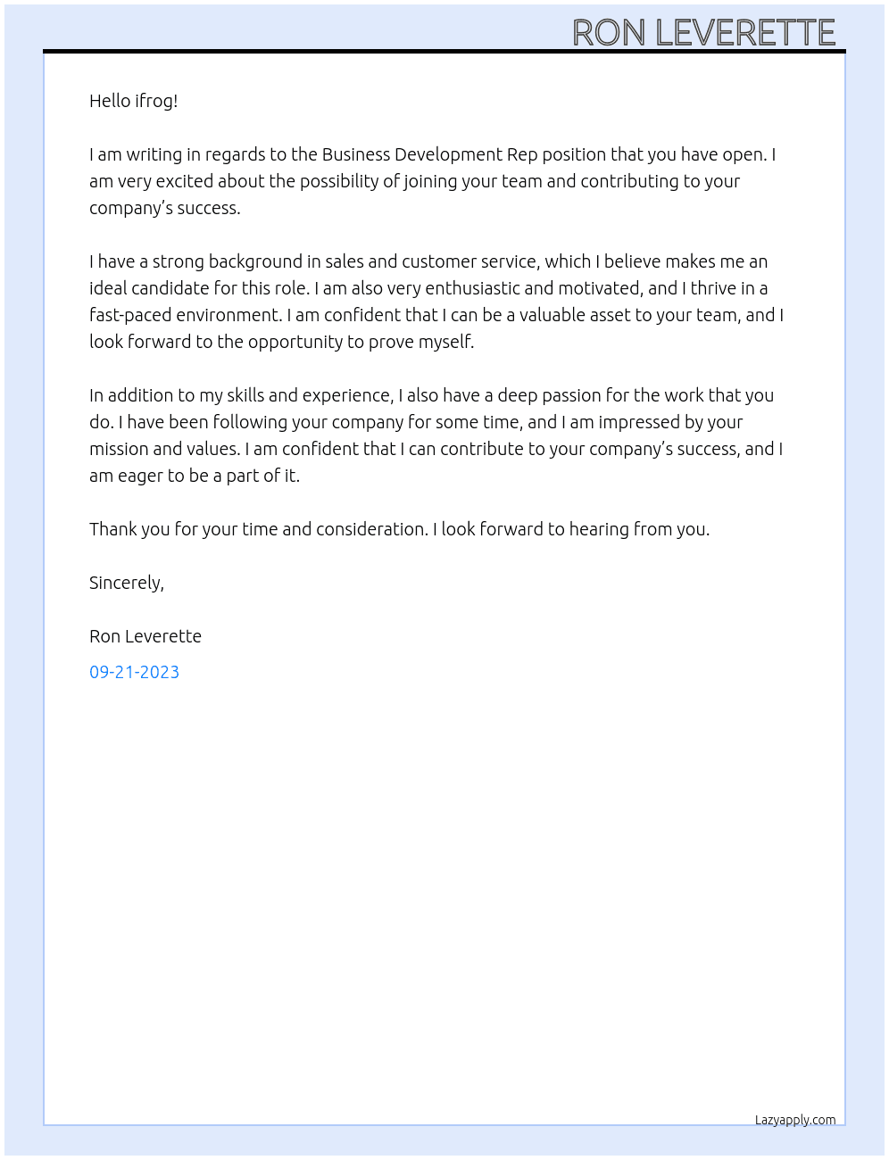 Business Development Rep At ifrog  Cover Letter