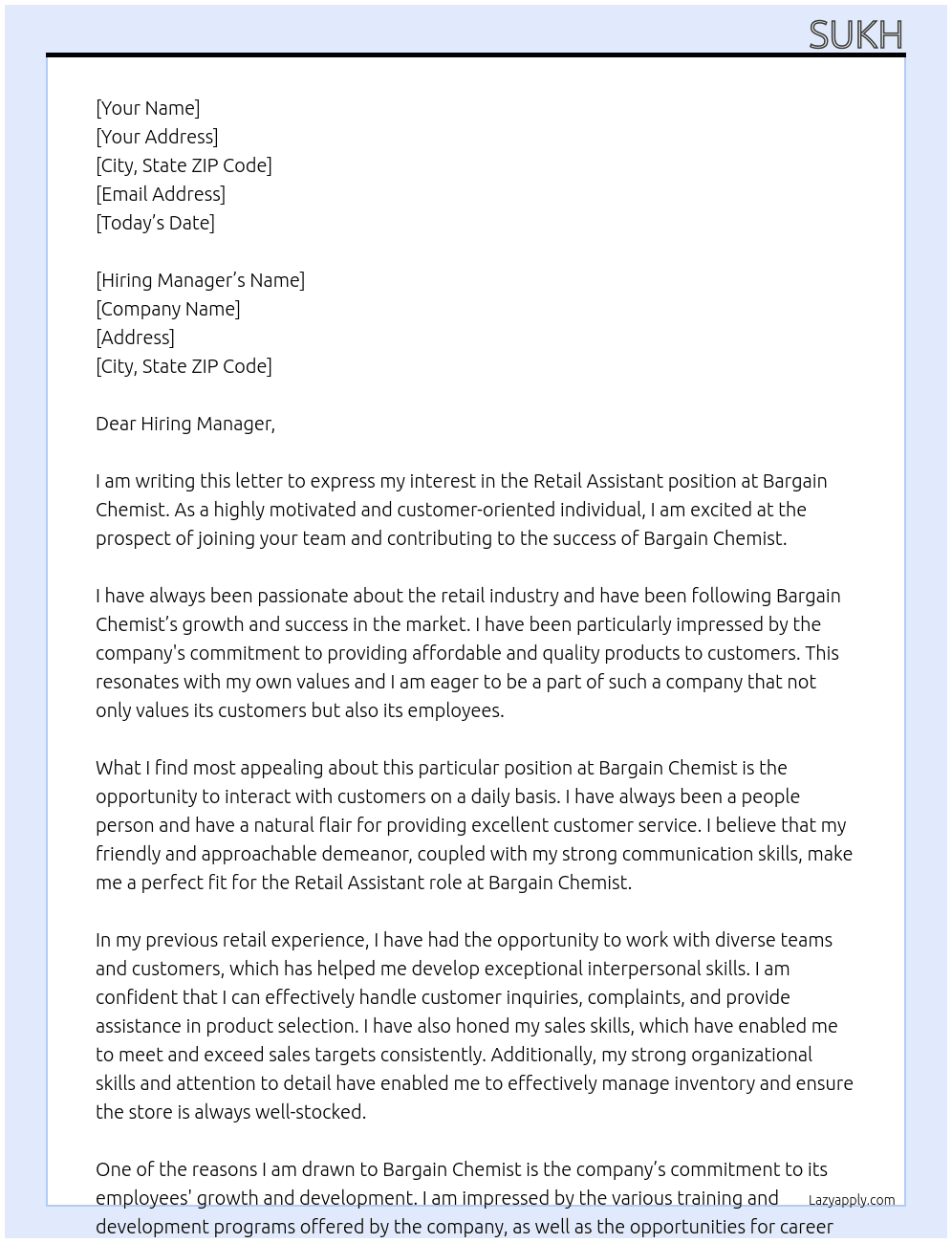 Retail Assistant At Bargain Chemist Cover Letter
