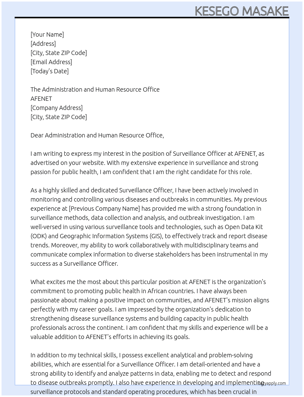 Surveillance Officer At AFENET Cover Letter