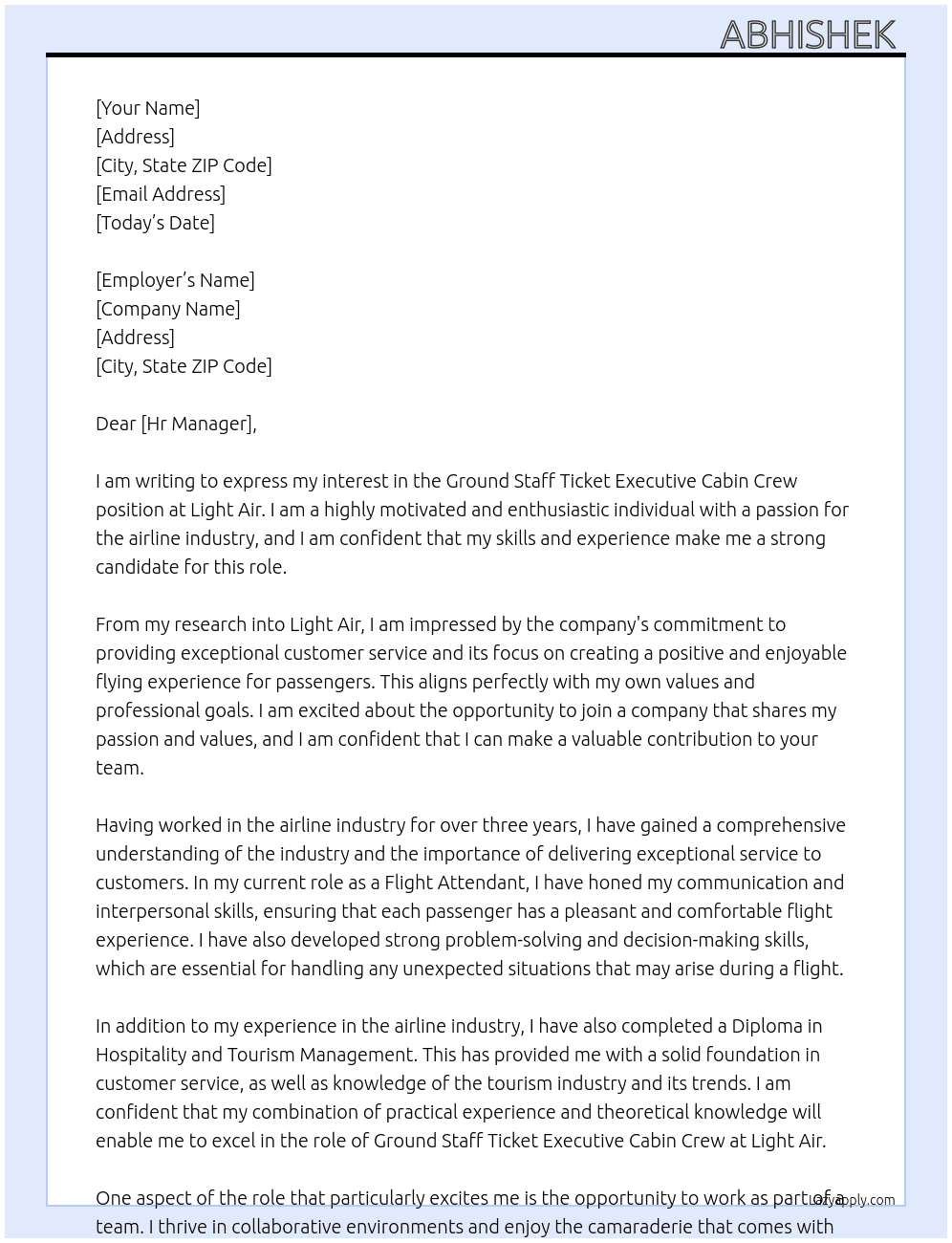 Ground Staff Ticket Executive Cabin Crew At Light air  Cover Letter