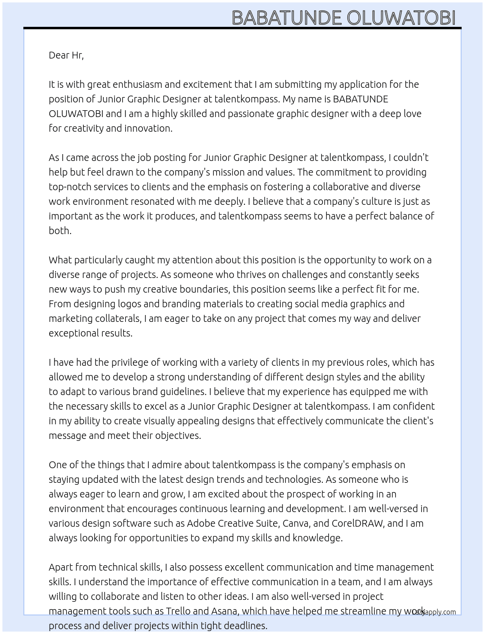 Junior Graphic Designer  At talentkompass Cover Letter