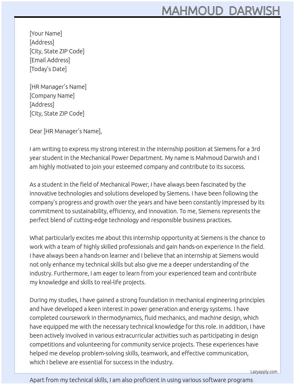 3rd student at mechanical powee department  At Semens Cover Letter