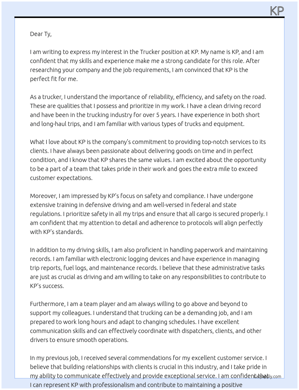 Trucker At Kp Cover Letter