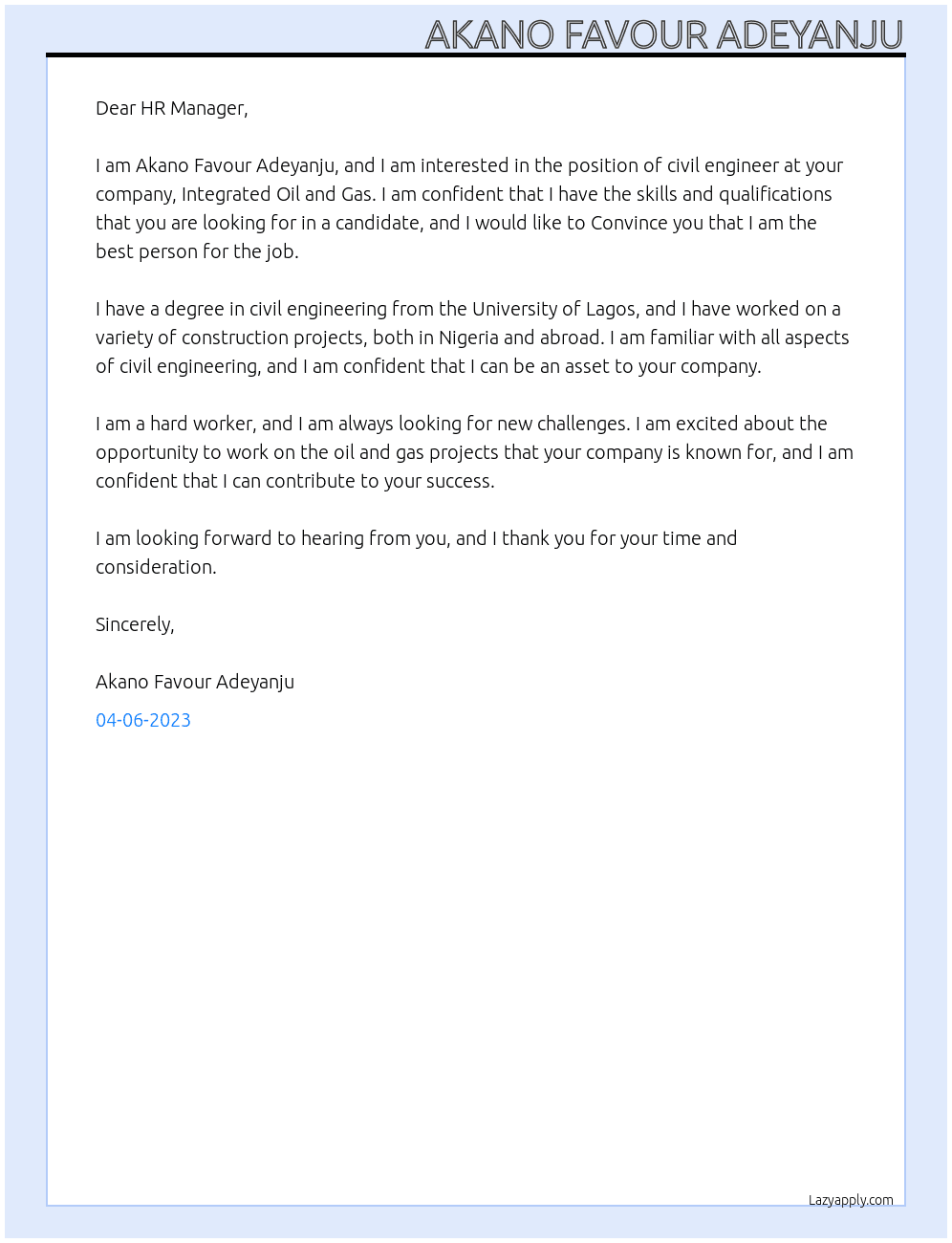 Civil Engineering At Integrated Oil and Gas Cover Letter