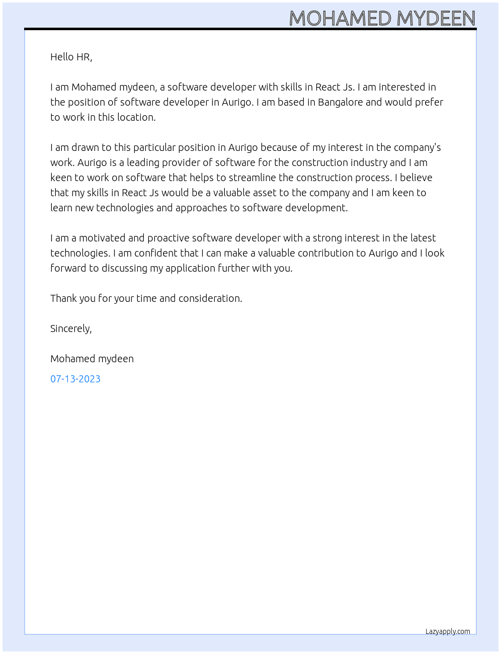 Software developer  At Aurigo Cover Letter