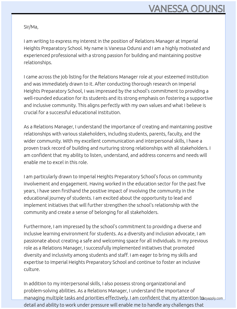 relations manager At Imperial Heights Preparatory School Cover Letter