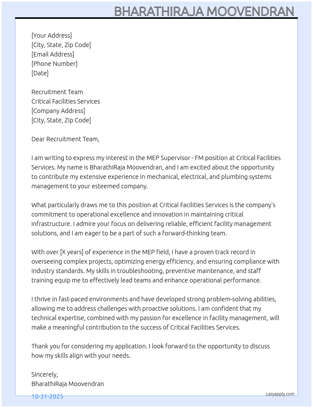MEP Supervisor - FM At Critical Facilities Services Cover Letter