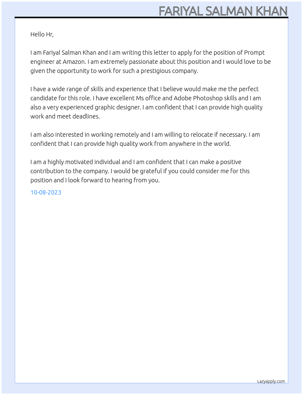 Prompt engineer  At Amazon  Cover Letter