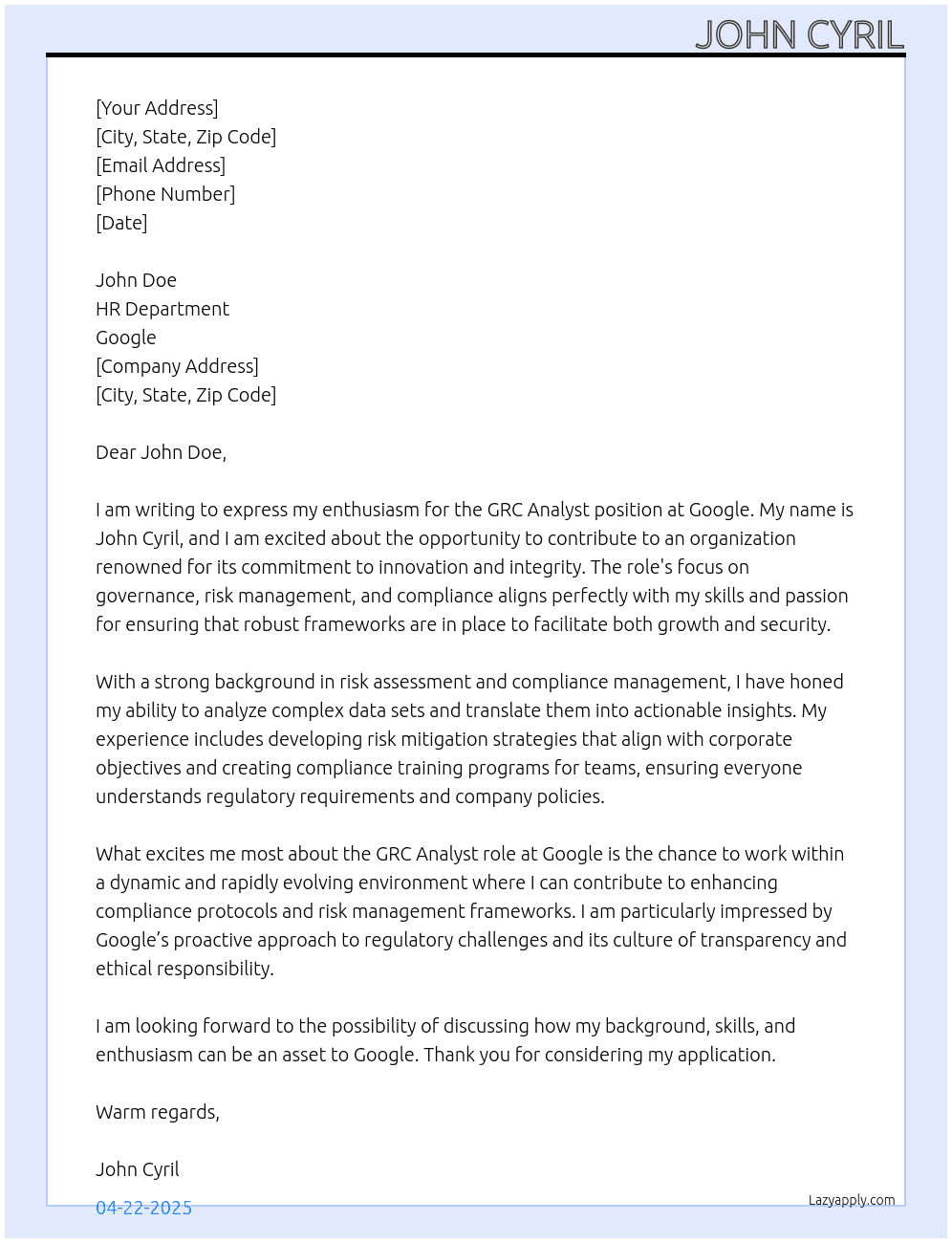 Cover letter for grc analyst - LazyApply