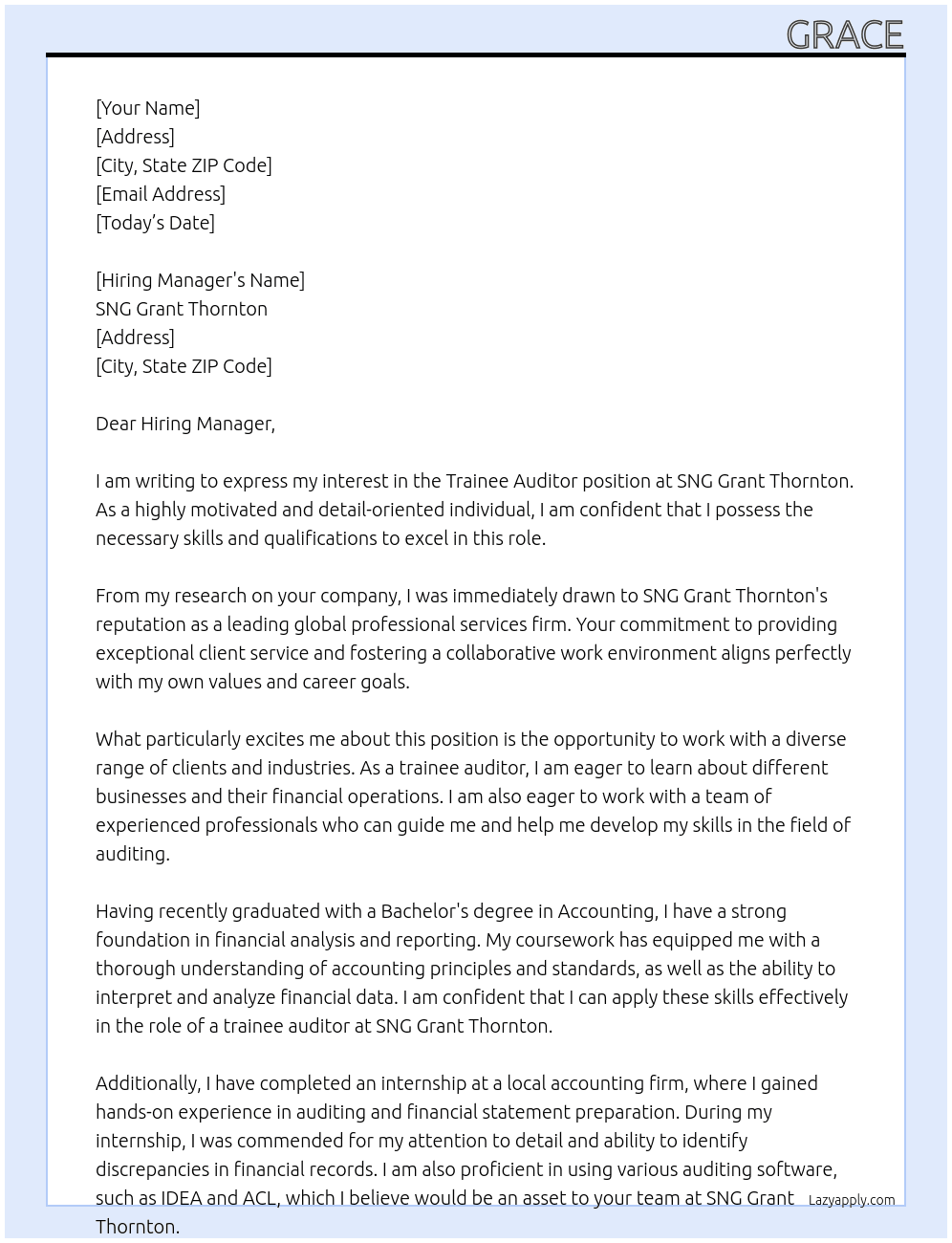 Trainee Auditor  At SNG Grant Thornton Cover Letter