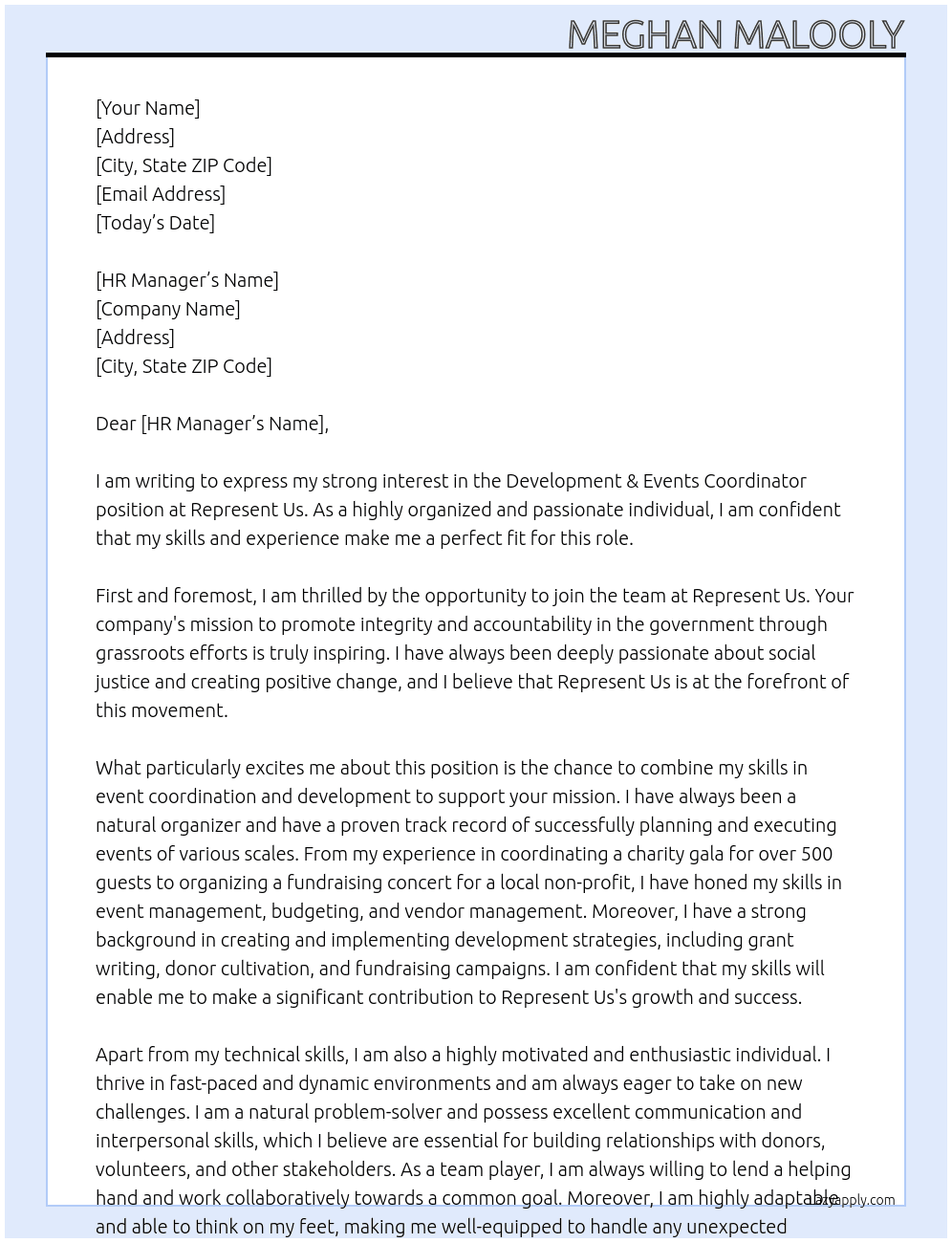 development & events coordinator At represent us Cover Letter