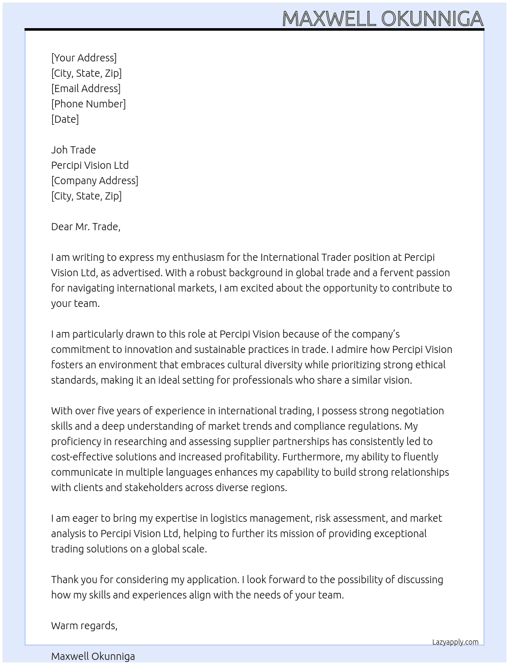 Cover letter for international trader - LazyApply