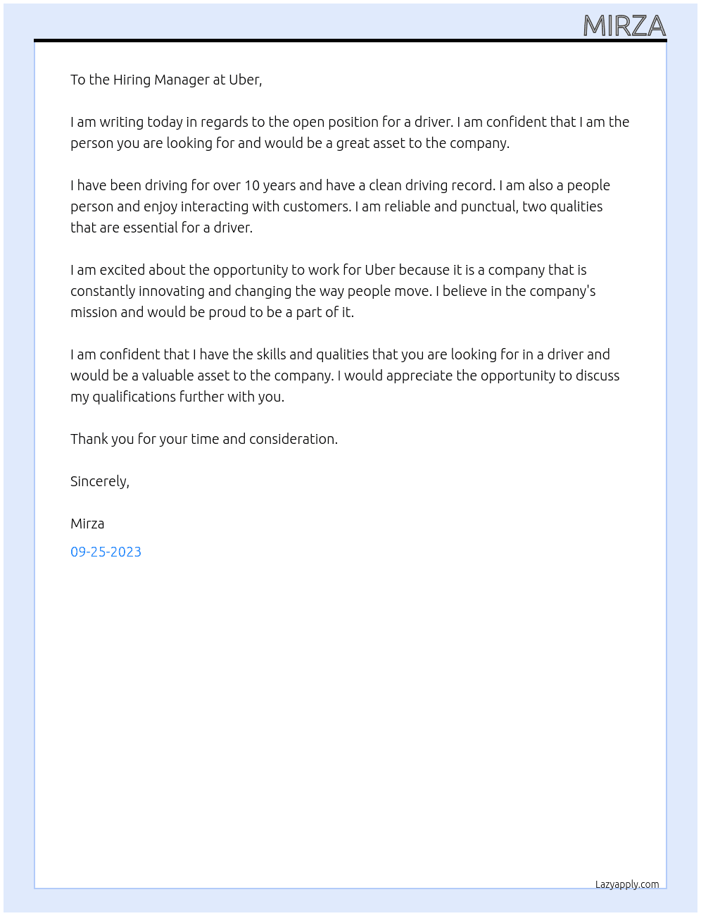 Driver At Uber Cover Letter