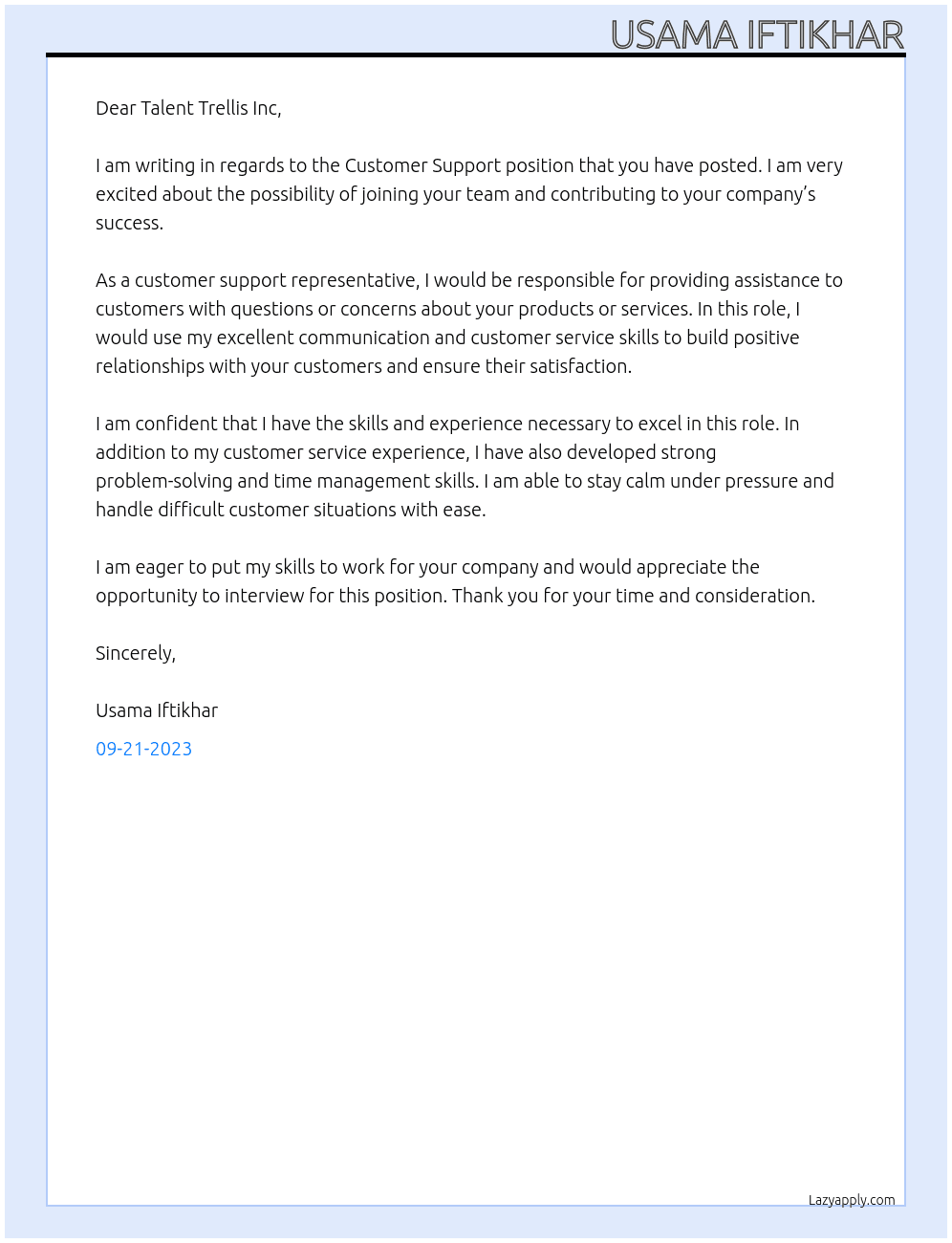 Customer Support At Talent Trellis Inc Cover Letter