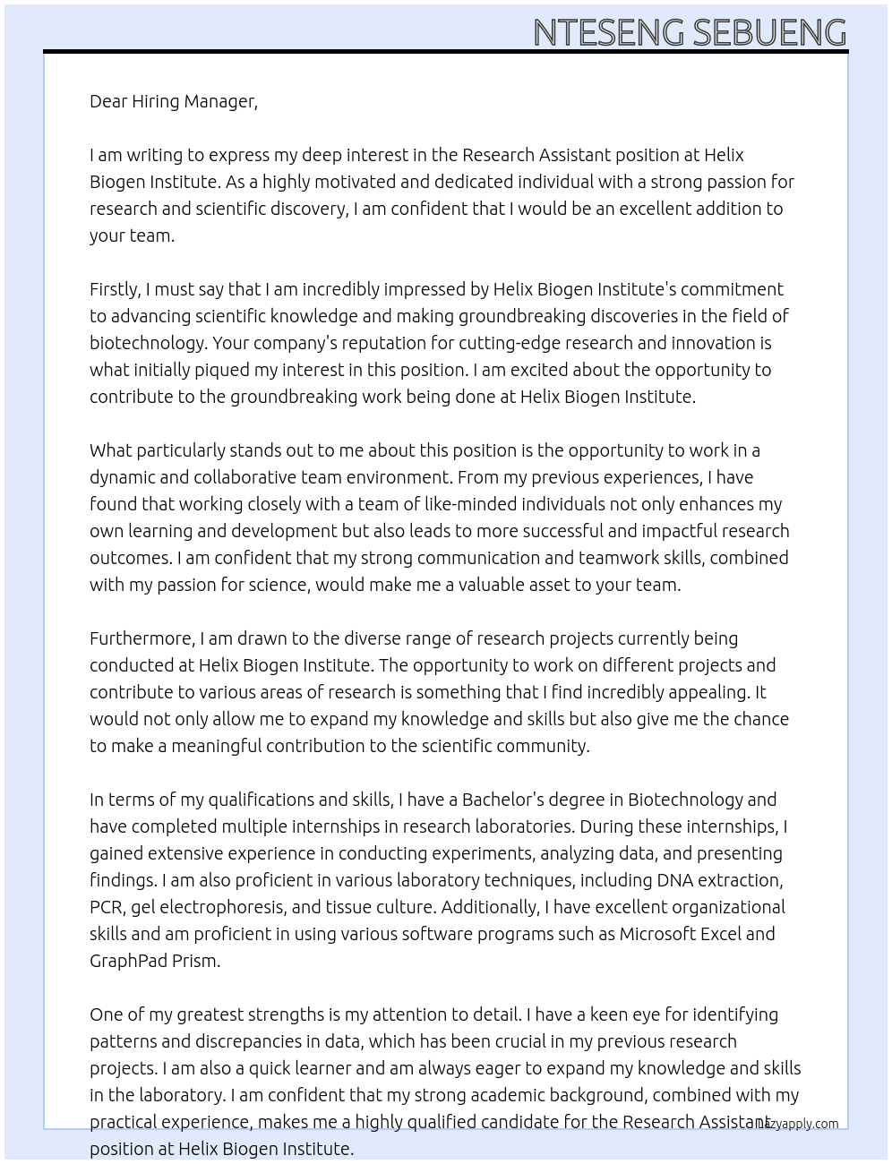 Research Assistant At Helix Biogen Institute Cover Letter