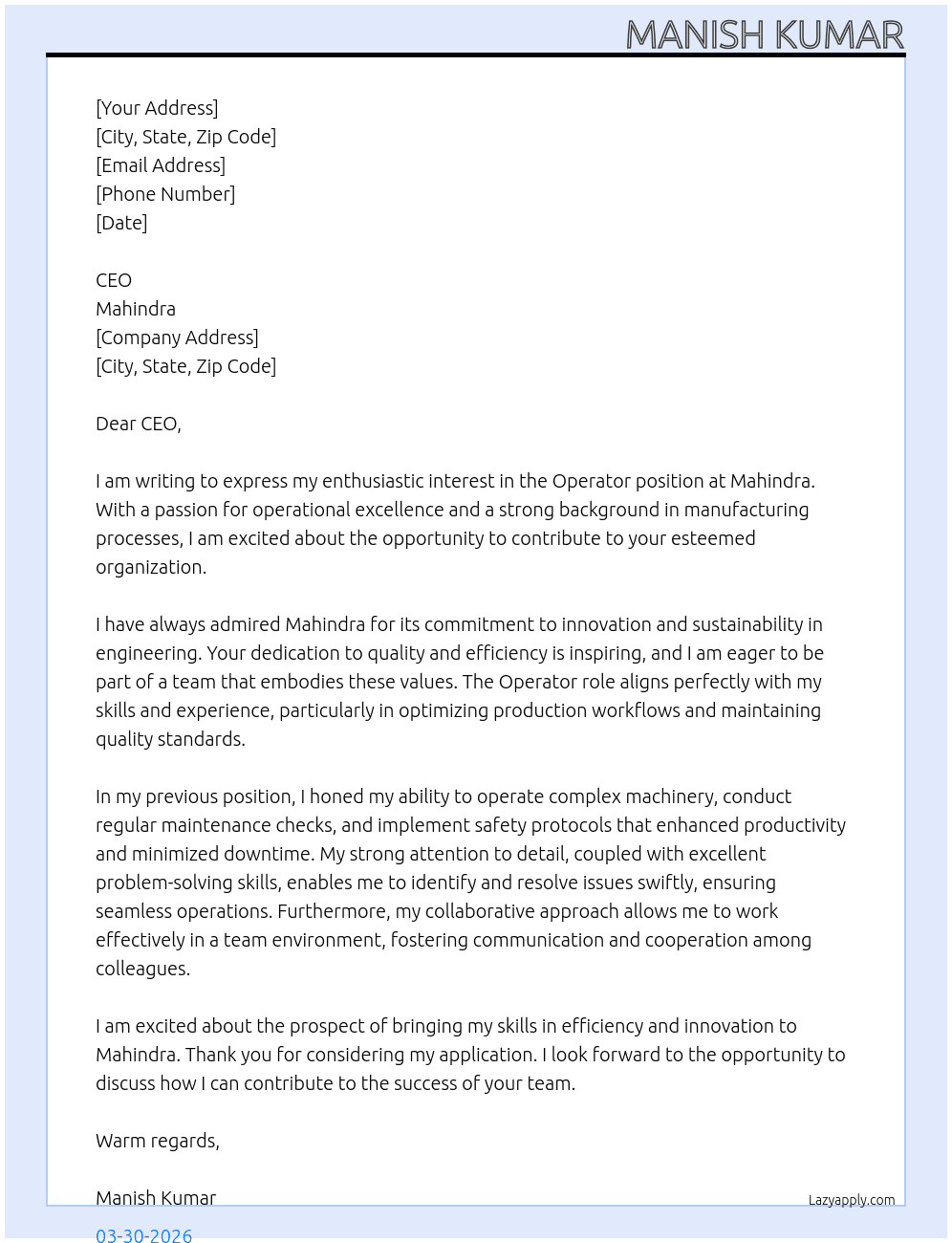 Operator At Mahindra Cover Letter