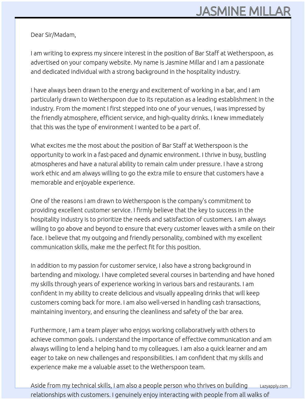 Bar staff At Wetherspoon Cover Letter