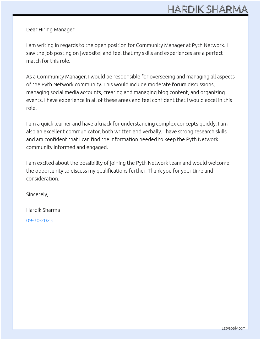 Community manager At Pyth Network Cover Letter