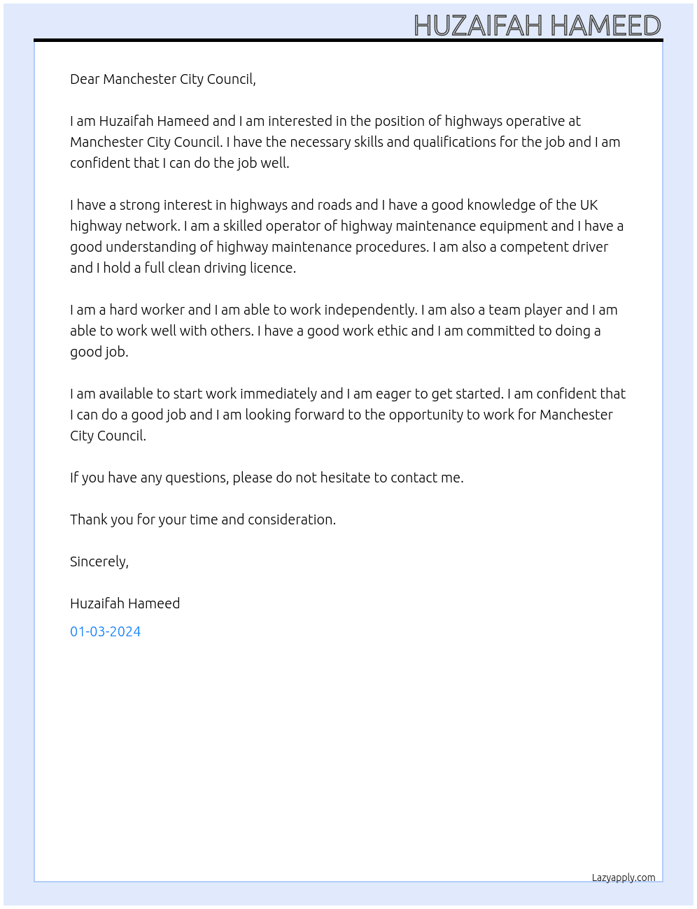 Highways operative At Manchester city council Cover Letter