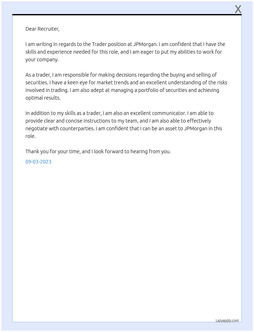 Trader At JPMorgan Cover Letter