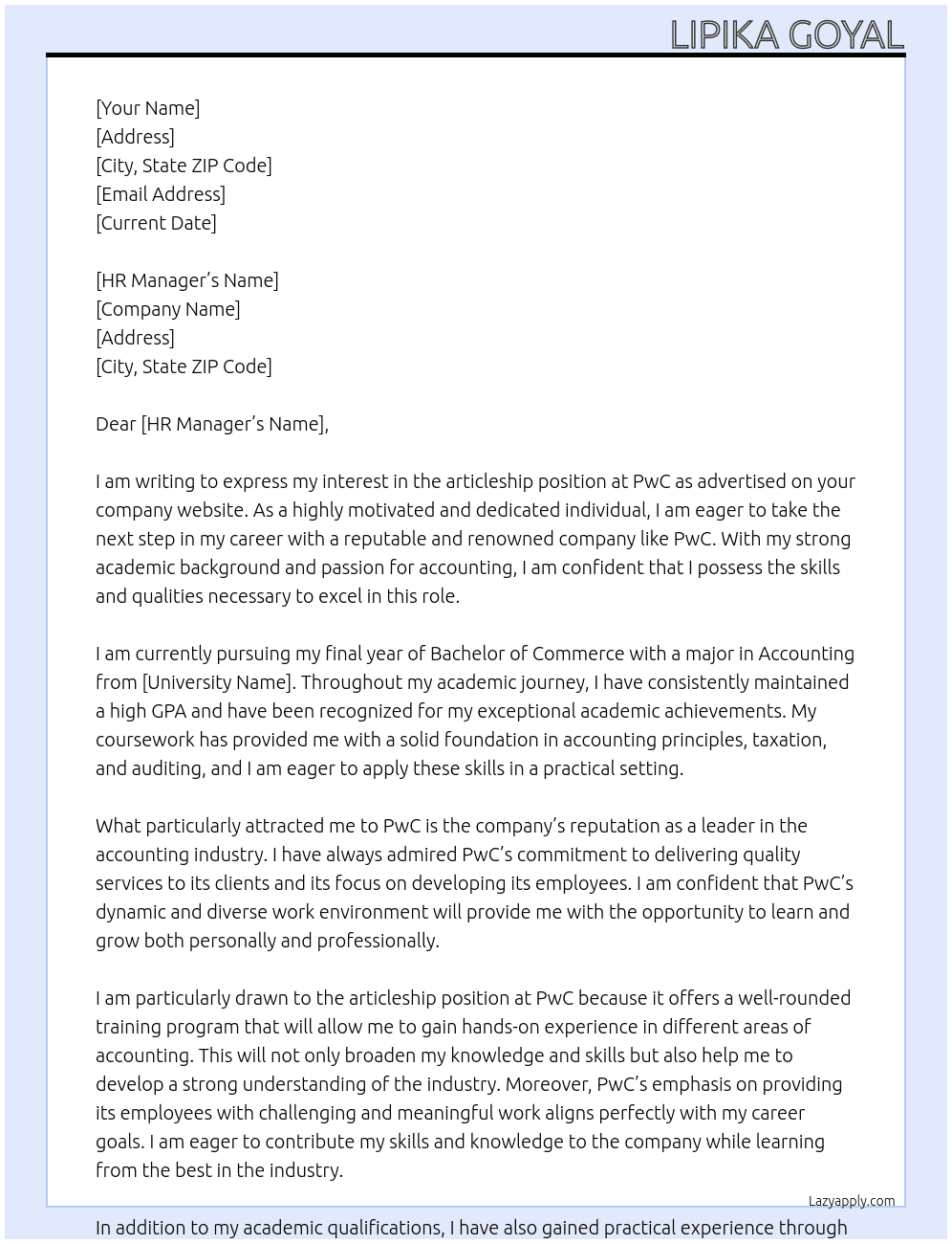 articleship At pwc Cover Letter