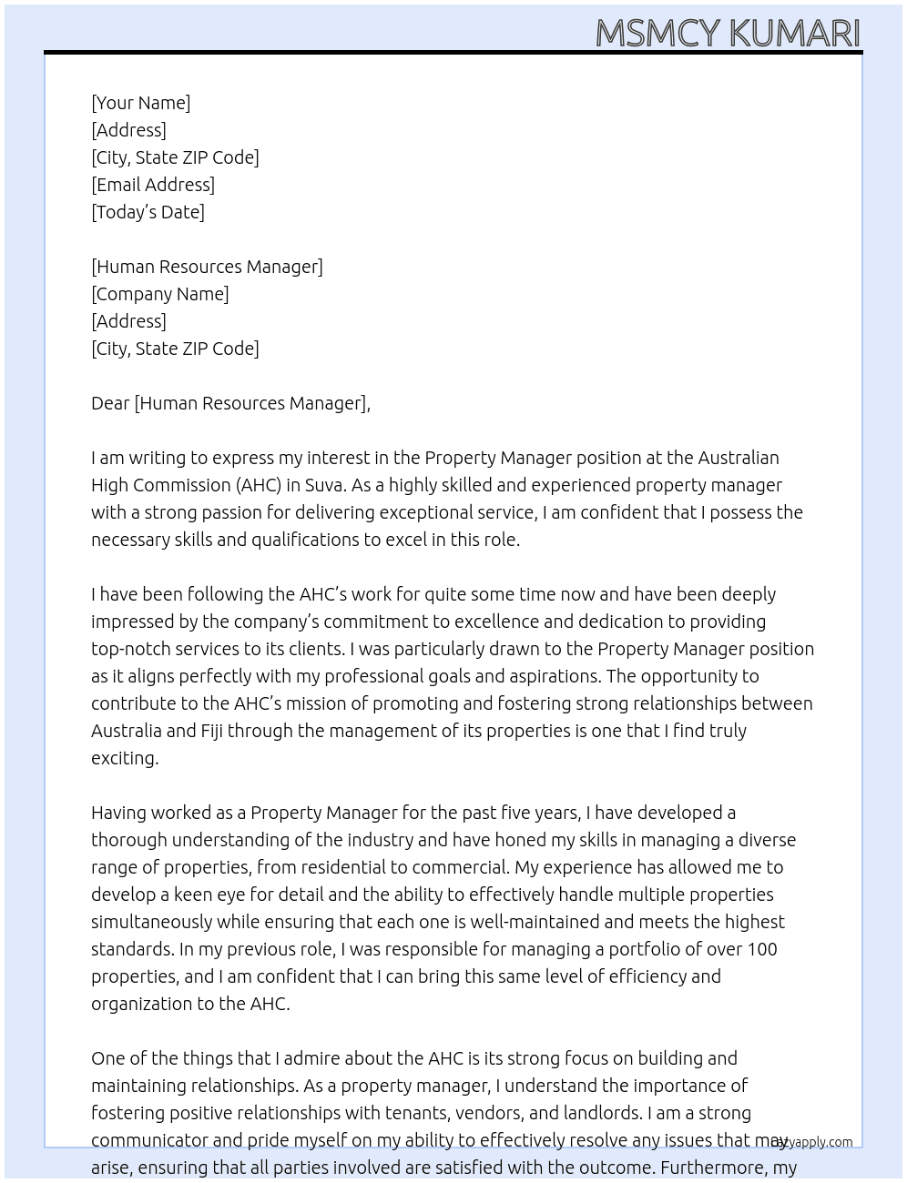 Property Manager At Australian High Commission (AHC) in Suva Cover Letter