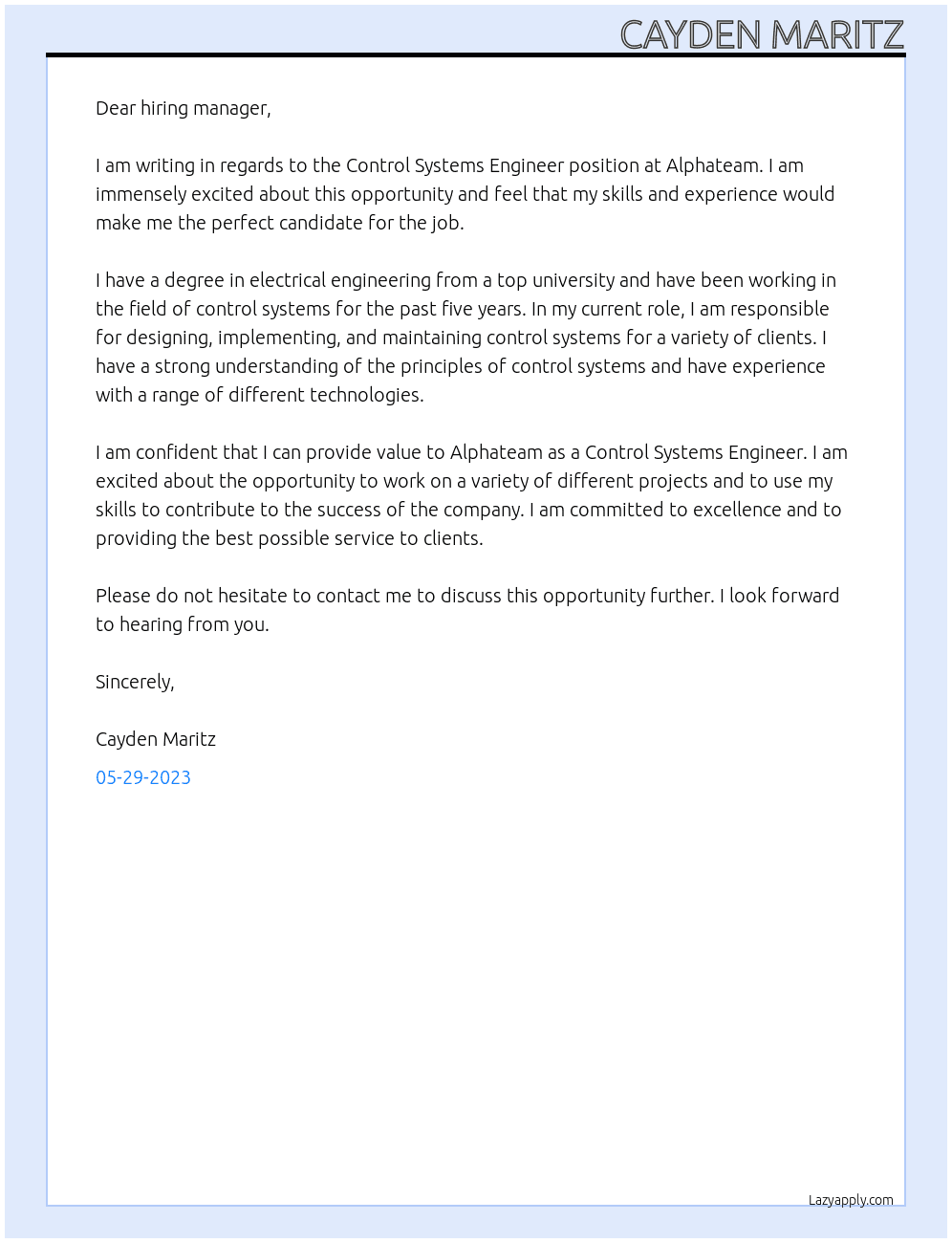 Control Systems Engineer At Alphateam Cover Letter